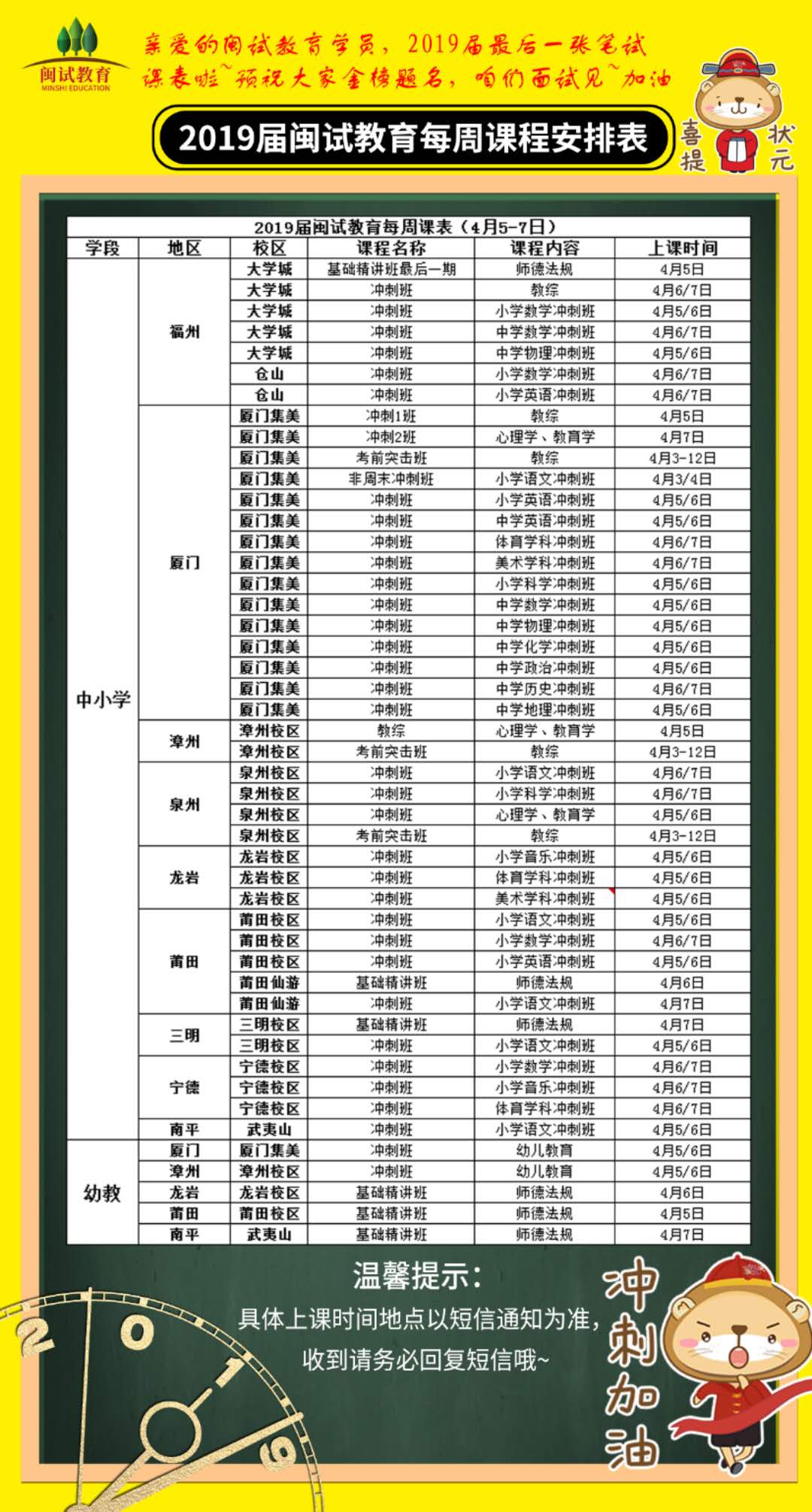 【开课通知】2019届闽试教育4月第一周课程安排表